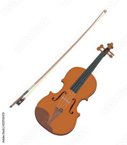 Violin or fiddle is a wooden chordophone  string instrument. Vector Illustration isolated on white background.