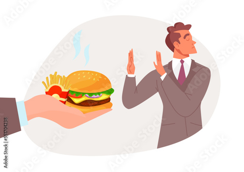 Hand hold fast food burger and fries, male character refuses to trash foodstuff addiction flat vector illustration, isolated on white.