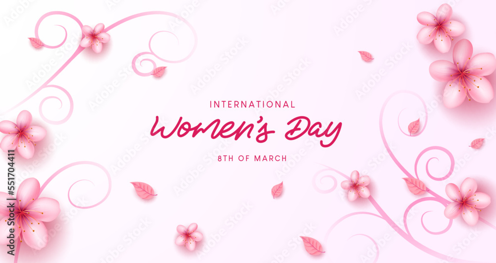 International women's day vector background. Women's day text in empty space with cherry blossom flower elements. Vector Illustration.
