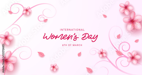 International women's day vector background. Women's day text in empty space with cherry blossom flower elements. Vector Illustration.
