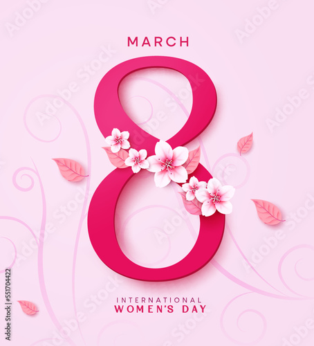 March 8 text vector design. International women's day celebration with flowers and leaves elements for greeting card background. Vector Illustration.
