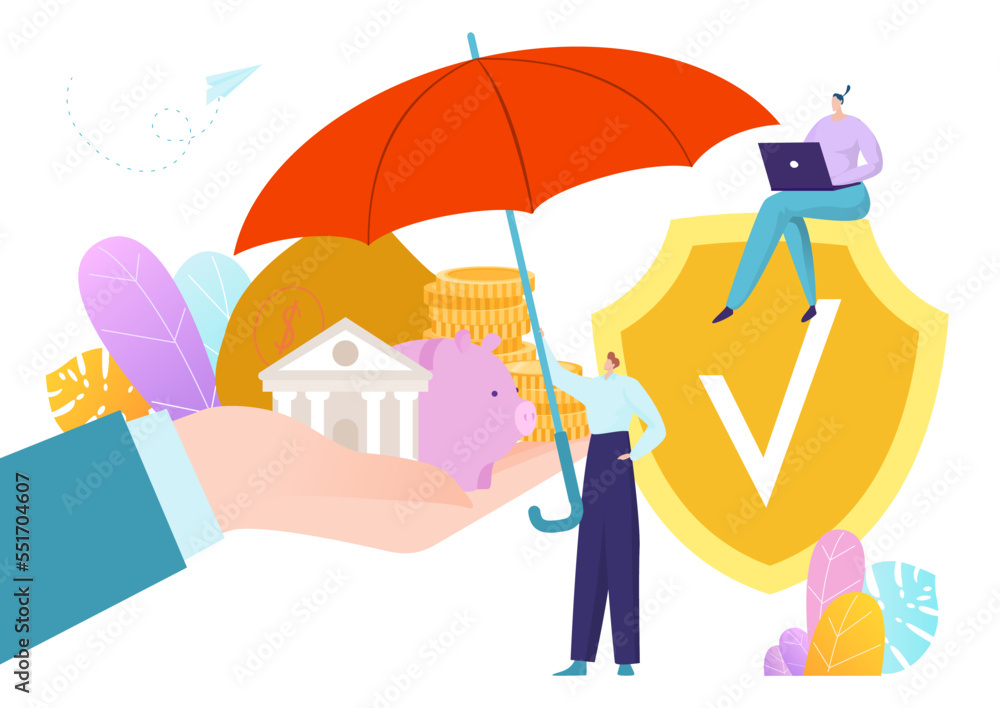 Businessman umbrella financial insurance, hand hold stack gold money cash coin dollar flat vector illustration, isolated on white. Businessman umbrella financial insurance, hand hold stack gold money cash coin dollar flat vector illustration, isolated on white.