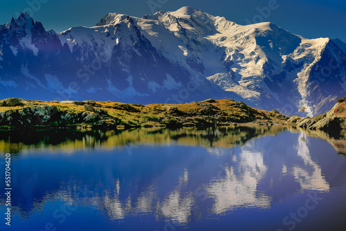 Fototapeta Naklejka Na Ścianę i Meble -  Mont Blanc and idyllic lake Cheserys reflection, Chamonix, French Alps