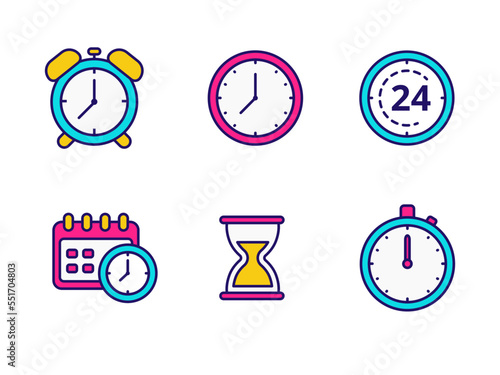Set of clock icons with colorful designs isolated on white background. Simple clock vector illustrations