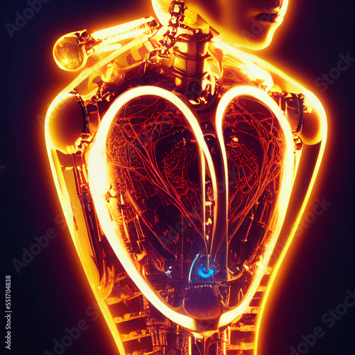 A Misteryous and Magnificent Futurist Robot with LEDs and With a Heart Shaped in the Chest photo