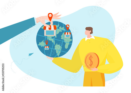 Businessman franchise store, business person hold global earth and gold coin dollar flat vector illustration, isolated on white.