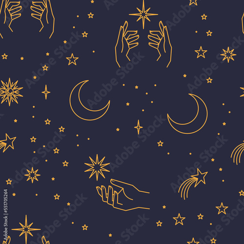 Seamless pattern with constellations. Sun, moon, magic hands and stars. Mystical esoteric background for design. Astrology magical vector.
