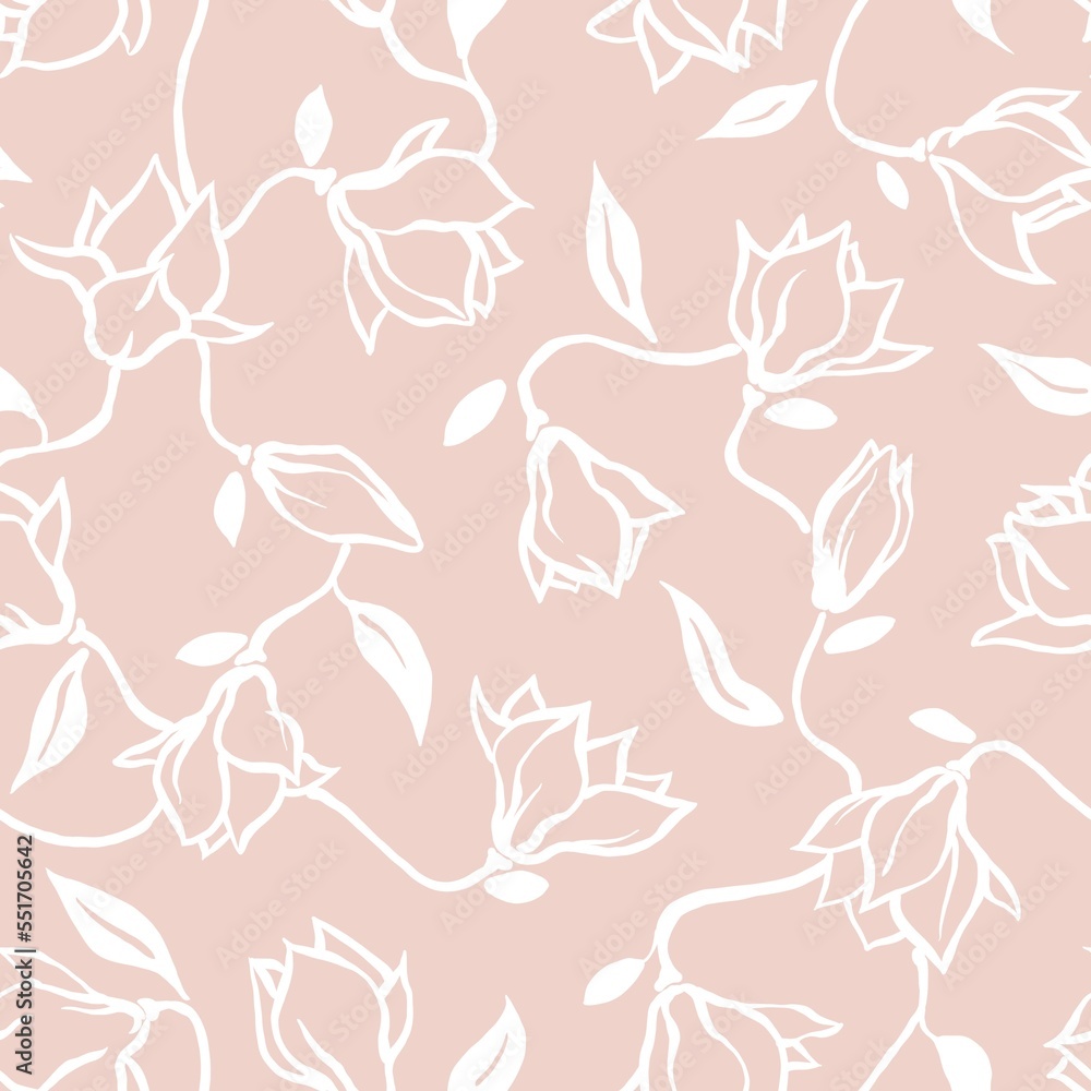 Fototapeta premium Magnolia flower seamless pattern. Outline white flower graphics on pale pink background. Romantic floral design for wallpapers and textile.
