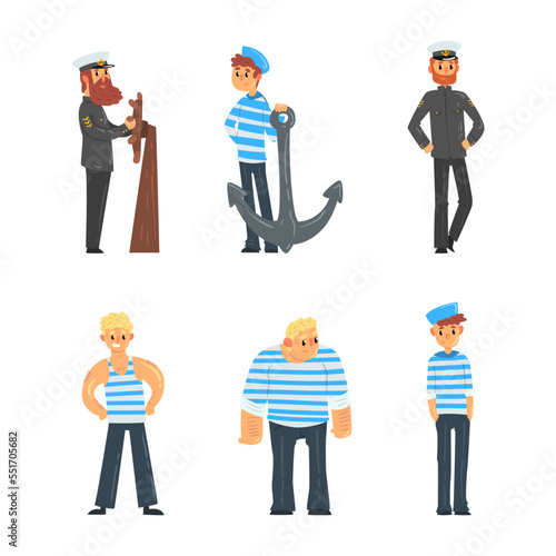 Sailors and Captain in Uniform with Cap and Striped Shirt on Board of Ship Vector Set