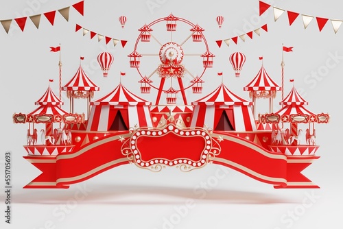 3d amusement park, circus, carnival fair theme podium with many rides and shops circus tent 3d illustration