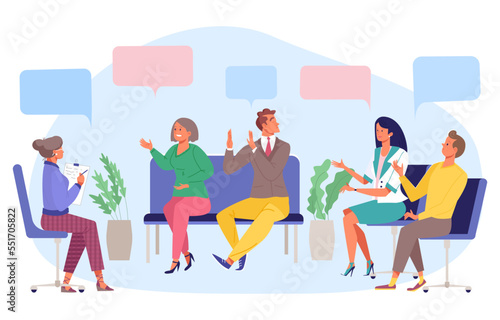 People character together communication group mental therapy, human psychological assistance flat vector illustration, isolated on white.