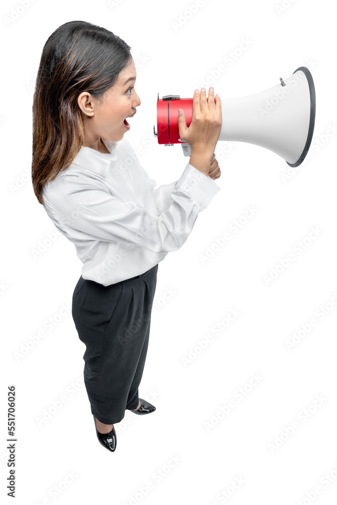 Asian businesswoman talking in megaphone Asian businesswoman talking in megaphone