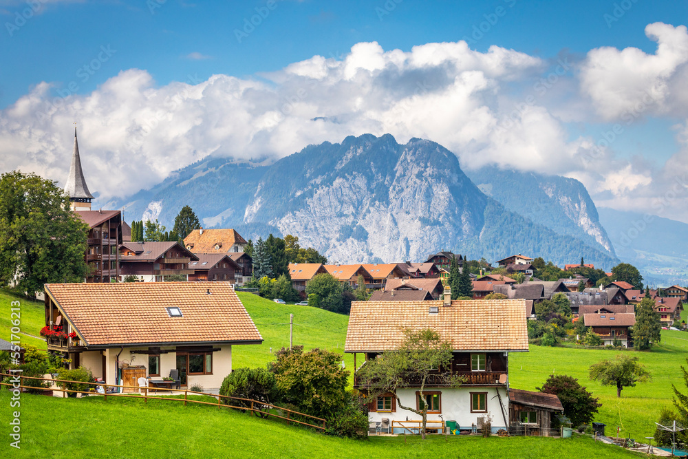 Idyllic landscape of Preda village in Engadine valley, Swiss Alps, Switzerland