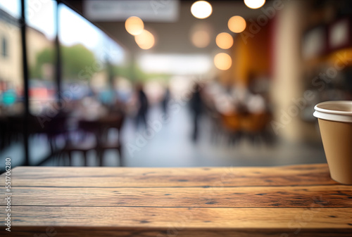 a wooden board table with an empty top against a blurry background. Brown wood table in perspective with a coffee shop background that is blurry may be used as a mockup for montage product displays or