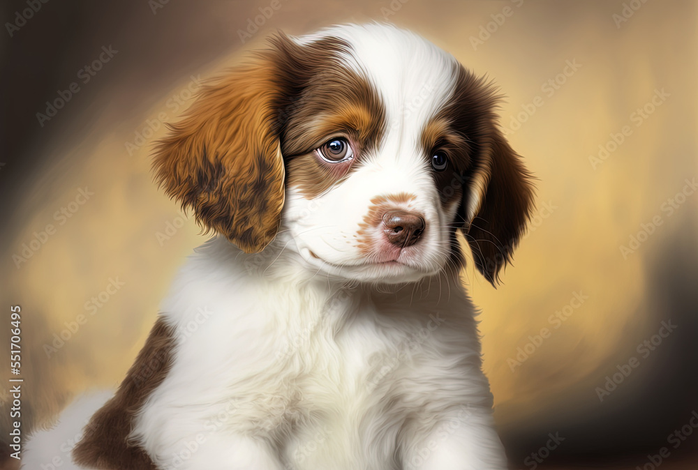 adorable dog seated. white and brown puppy with fur.. Generative AI