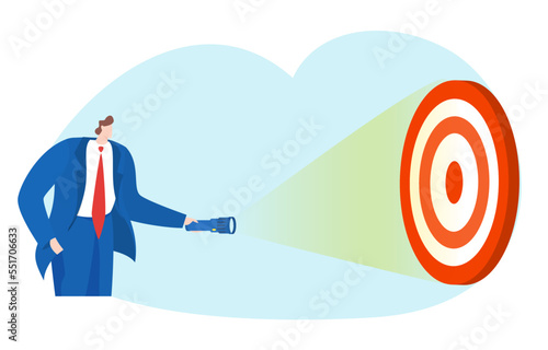 Businessman hold flashlight to search hide business target, male character office manager flat vector illustration, isolated on white.