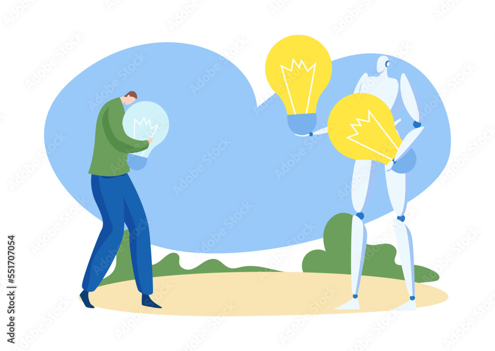 Modern technology robot hold business idea light bulb, man character rivalry artificial intelligence flat vector illustration, isolated on white. Modern technology robot hold business idea light bulb, man character rivalry artificial intelligence flat vector illustration, isolated on white.