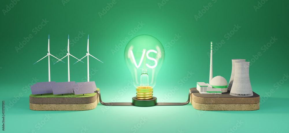 Renewable Energy vs Nonrenewable Energy, 
Green Energy and polluting energy, 3D Rendering, 3D Illustration.