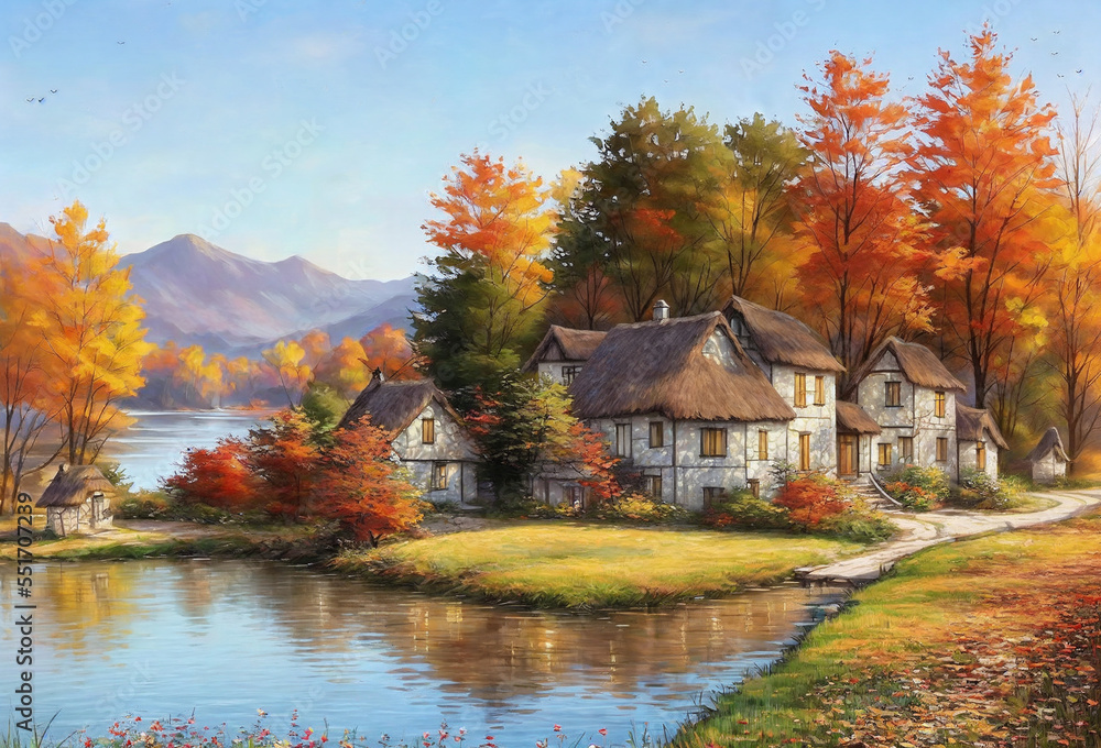 Small cottage by the lake in autumn, digital painting scenery