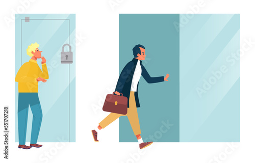Businessman hold suitcase promotion work inequality in career, different work condition flat vector illustration, isolated on white. © Vectorwonderland