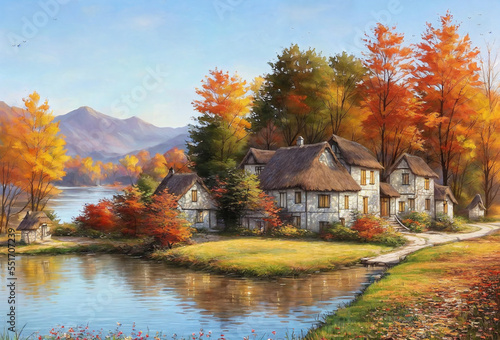 Small cottage by the lake in autumn  digital painting scenery
