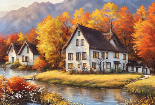 Small cottage by the lake in autumn, digital painting scenery