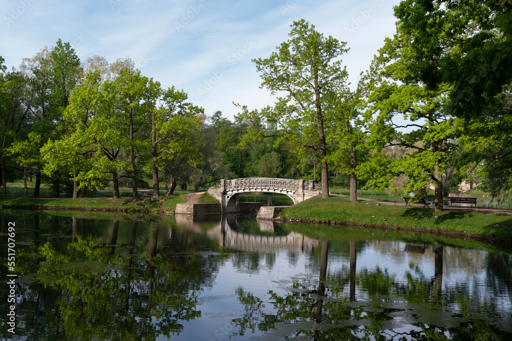 View of the cast-iron openwork bridge across the water maze channel near the White Lake in the Gatchina Palace and Park Complex on a sunny summer morning, Gatchina, St. Petersburg, Russia