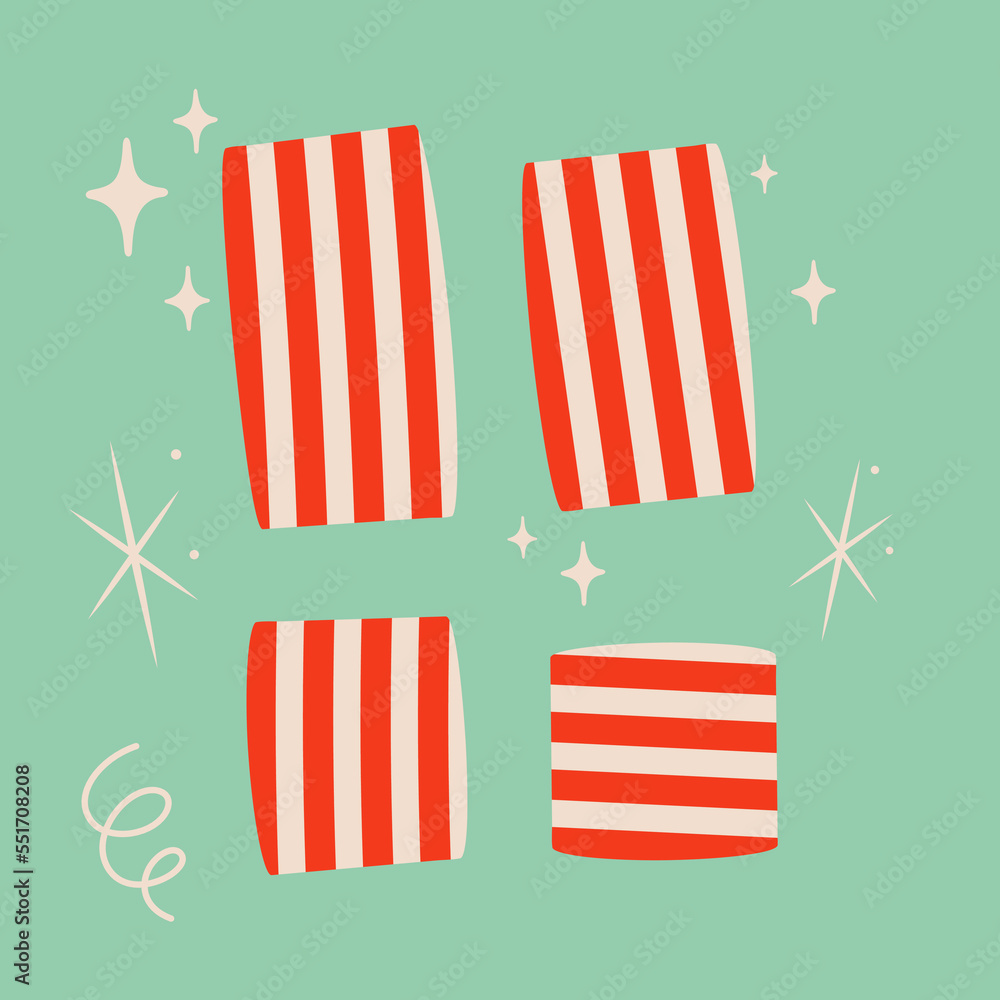 Obraz premium Christmas peppermint candy vector illustration on blue background. Snowflake symbol and sparkles. Cute xmas concept, holiday greetings. New Year party design.