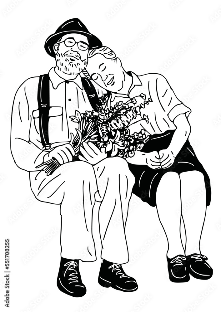 Obraz premium elderly couple holding flowers sitting on the bench people's lifestyle in the park hand drawn illustration
