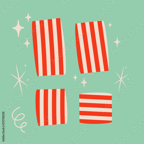 Christmas peppermint candy vector illustration on blue background. Snowflake symbol and sparkles. Cute xmas concept, holiday greetings. New Year party design.