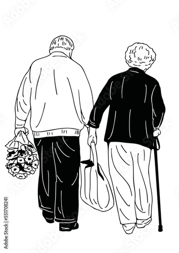 Elderly couple holding flowers walking hand in hand the lifestyle of people in the garden hand drawn llustration image
