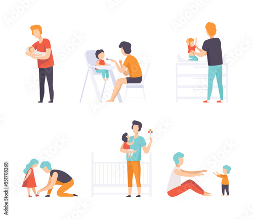 Young Fathers Taking Care of Their Babies Nursing and Feeding Them Vector Set © topvectors