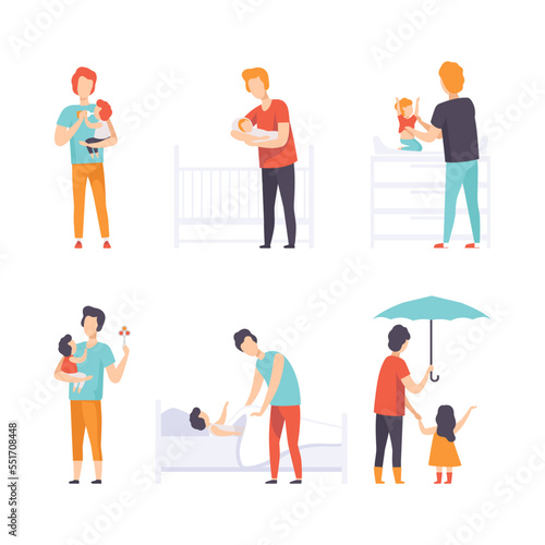 Young Fathers Taking Care of Their Babies Nursing and Feeding Them Vector Set