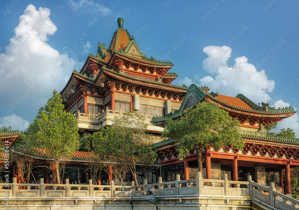 Fototapeta premium Shunfengshan Park, located at the foot of Taiping Mountain in Shunde District, Foshan City, Guangdong, China. Qinglong Pavilion.