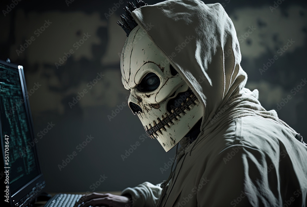 scary cybercriminal seen from the side wearing a white mask. harmful virus. Generative AI scary cybercriminal seen from the side wearing a white mask. harmful virus. Generative AI