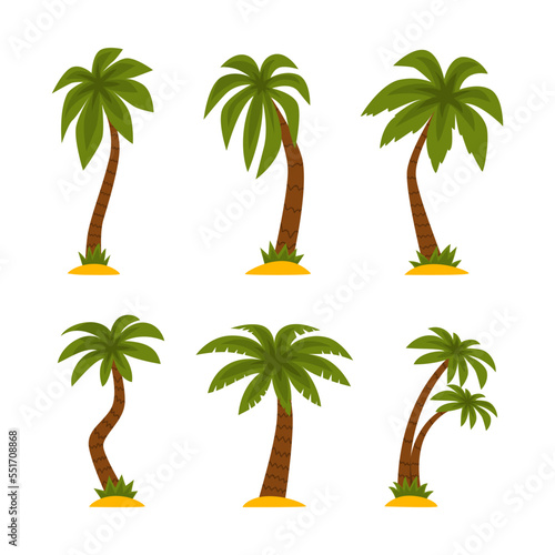 Palm Tree as Tropical Plant with Trunk Rested on Sand Vector Set