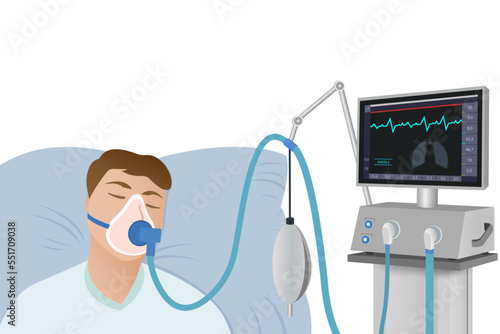 The patient lies on a hospital bed with an oxygen mask on a ventilator in critical condition. Emergency medical care. Resuscitation of patients