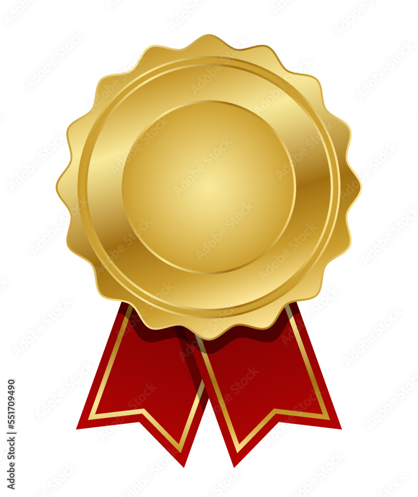 Golden medal with red ribbon vector. Seal award golden. Medal badge ...
