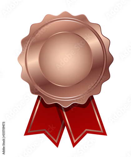 Copper medal with red ribbon vector. Seal award copper. Medal badge icons premium. Blank medal template.