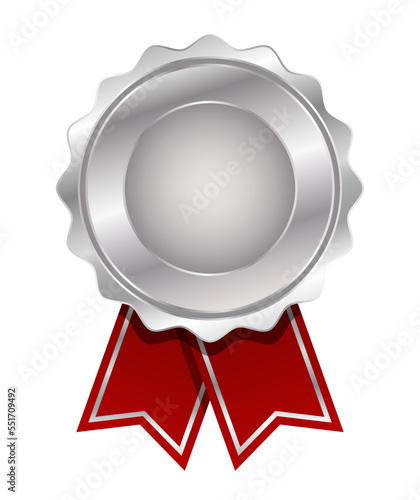Silver medal with red ribbon vector. Seal award silver. Medal badge icons premium. Blank medal template.