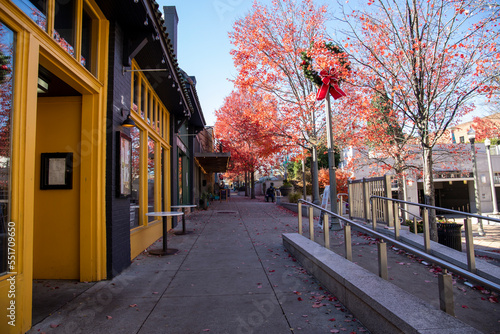 yellow and green shops along a footpath with red autumn trees, lush green trees and fallen autumn leaves and people at the Decatur Square in Decatur Georgia USA photo