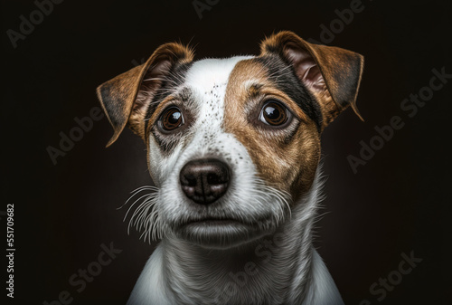 A young Jack Russell dog is staring up. notion of a new, wonderful family member. Generative AI © AkuAku