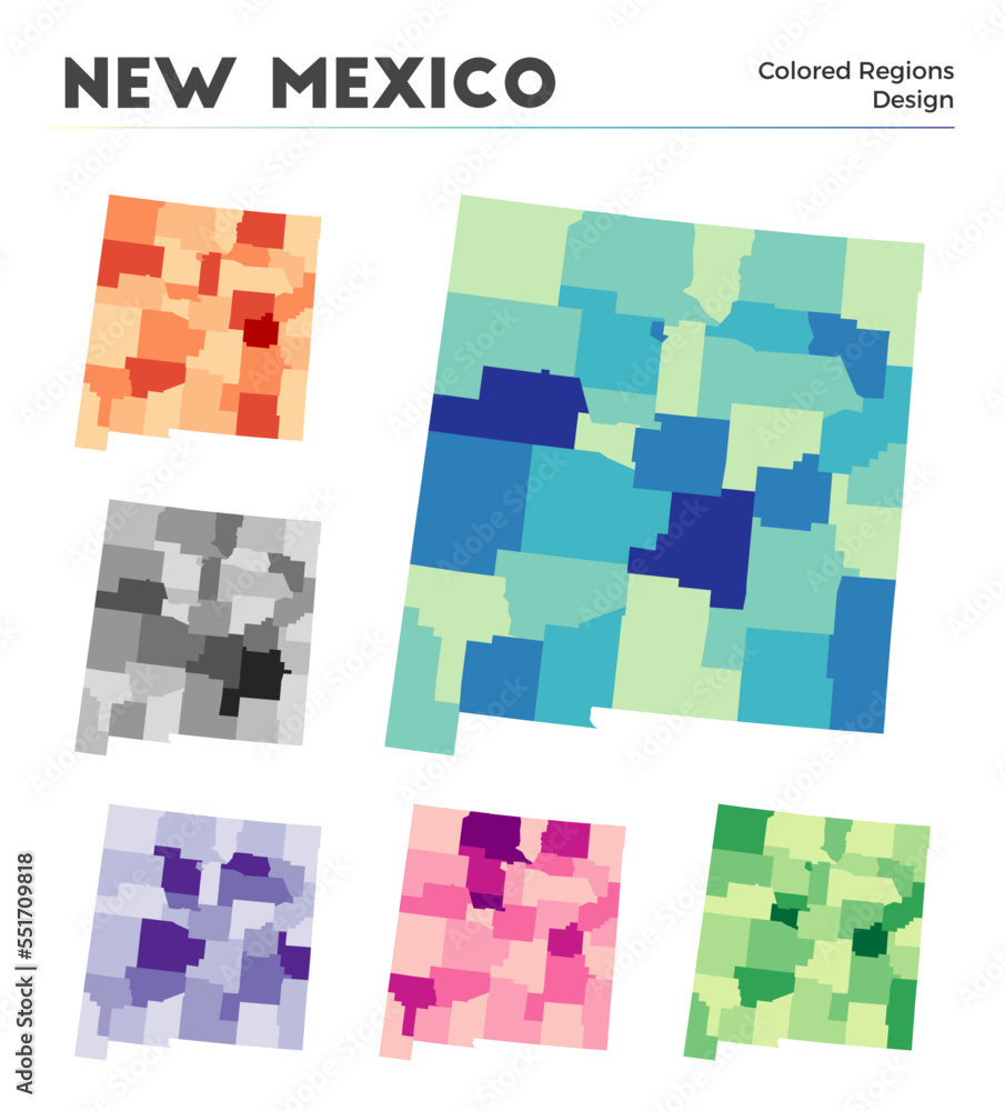 New Mexico map collection. Borders of New Mexico for your infographic. Colored US state regions. Vector illustration. New Mexico map collection. Borders of New Mexico for your infographic. Colored US state regions. Vector illustration.