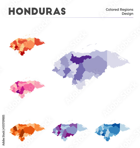 Honduras map collection. Borders of Honduras for your infographic. Colored country regions. Vector illustration.
