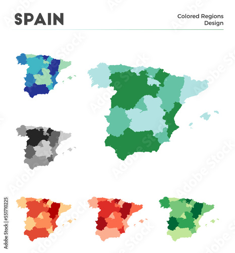 Spain map collection. Borders of Spain for your infographic. Colored country regions. Vector illustration.