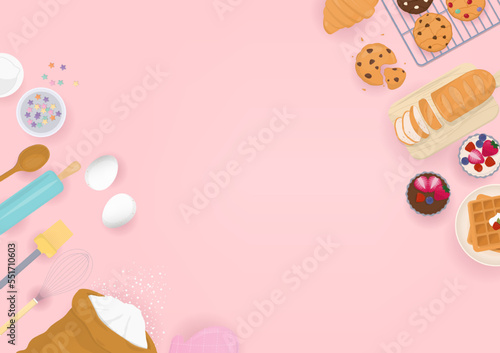 Kitchen utensils and bakery on pink background