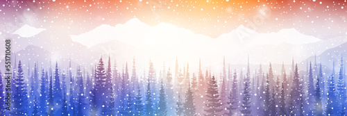 Dreamy winter landscape, mountains in sunset light, snowfall and bokeh effect, panoramic view