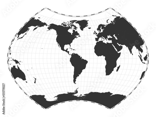 Vector world map in Ginzburg IX projection, featuring a geographical map with latitude and longitude lines, centered at 60 degrees East longitude.
