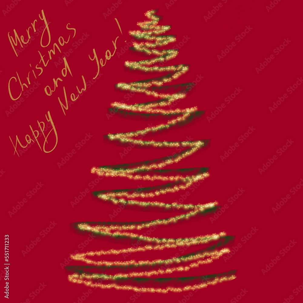 New Year banner, hand drawn postcard. Shining Christmas tree, inscription: Merry Christmas and Happy New Year! New Year banner, hand drawn postcard. Shining Christmas tree, inscription: Merry Christmas and Happy New Year!