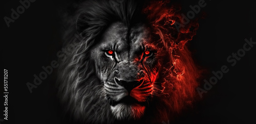 Stampa su tela Lion king in fire, Portrait on black background, Wildlife animal